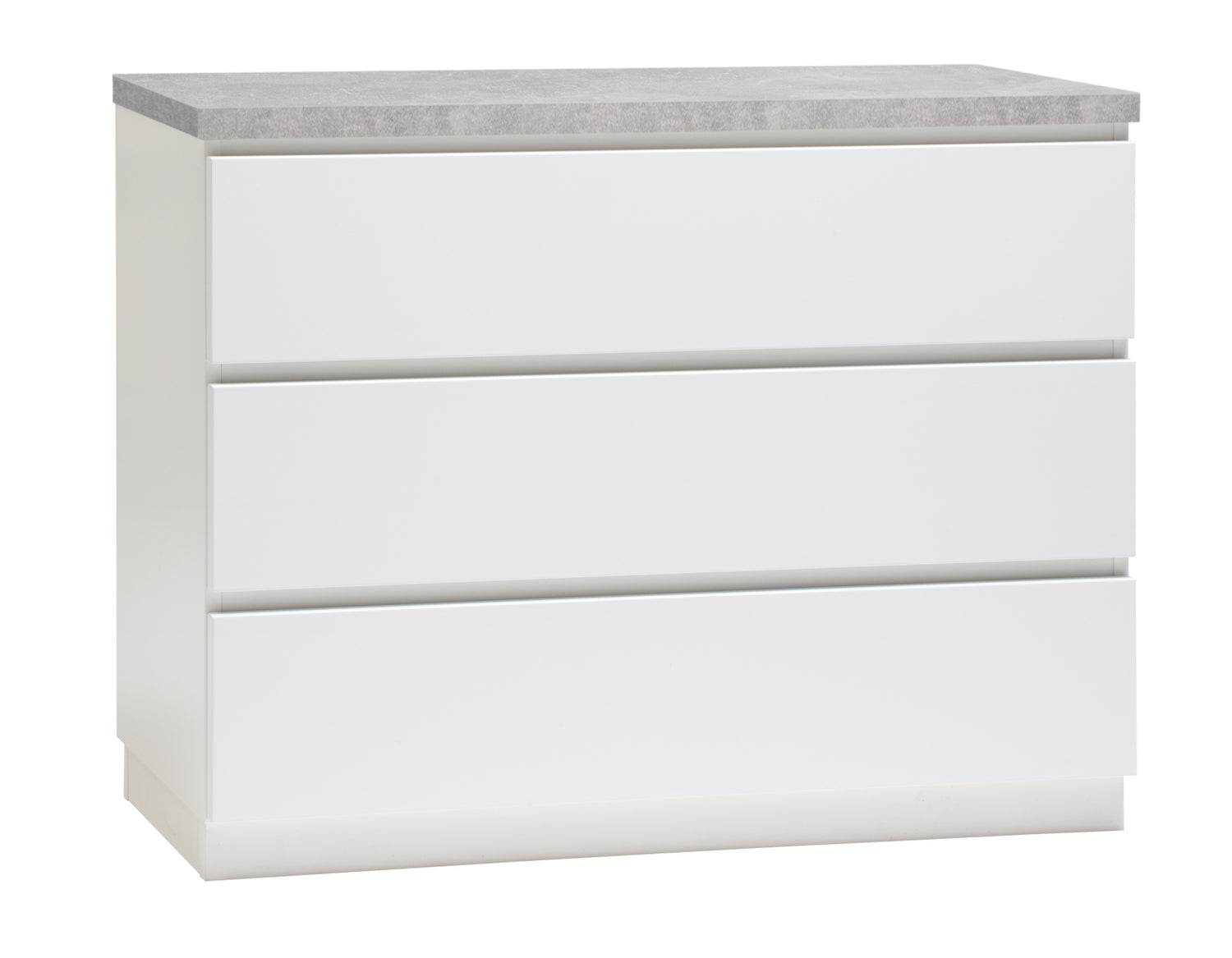 Kuvassa on 92 cm leveä valkoinen Viiva-laatikosto harmaalla betonijäljitelmän sävyisellä kannella ja valkoisella jalkasokkelilla.