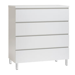 Kuvassa on 92 cm leveä kokovalkoinen Viiva-laatikosto valkoisilla metallijaloilla.