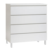 Kuvassa on 92 cm leveä kokovalkoinen Viiva-laatikosto valkoisilla metallijaloilla.