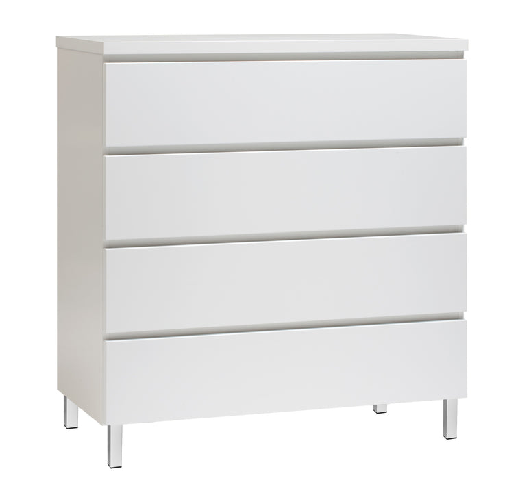 Kuvassa on 92 cm leveä kokovalkoinen Viiva-laatikosto valkoisilla metallijaloilla.