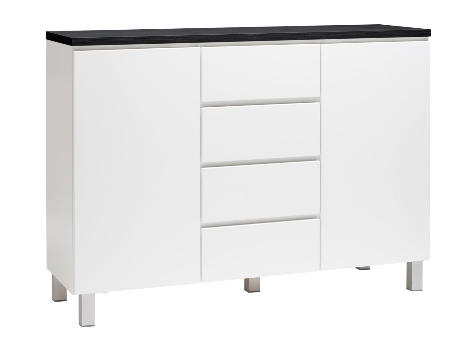 Kuvassa on 137 cm leveä valkoinen Viiva-senkki mustalla kansilevyllä ja hopeanvärisillä alumiinijaloilla.