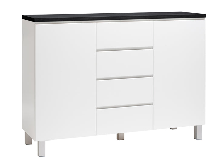 Kuvassa on 137 cm leveä valkoinen Viiva-senkki mustalla kansilevyllä ja hopeanvärisillä alumiinijaloilla.