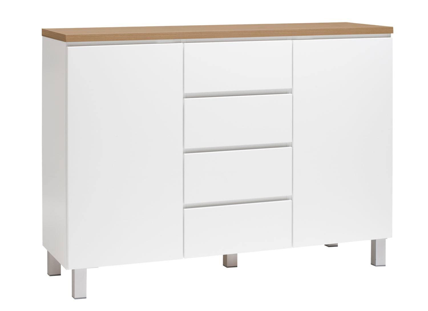 Kuvassa on 137 cm leveä valkoinen Viiva-senkki tammenvärisellä kannella ja hopeanvärisillä alumiinijaloilla.