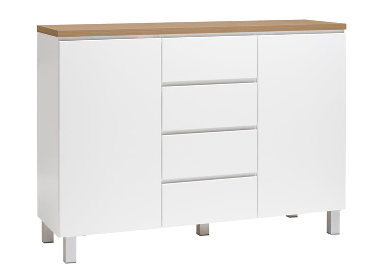 Kuvassa on 137 cm leveä valkoinen Viiva-senkki tammenvärisellä kannella ja hopeanvärisillä alumiinijaloilla.