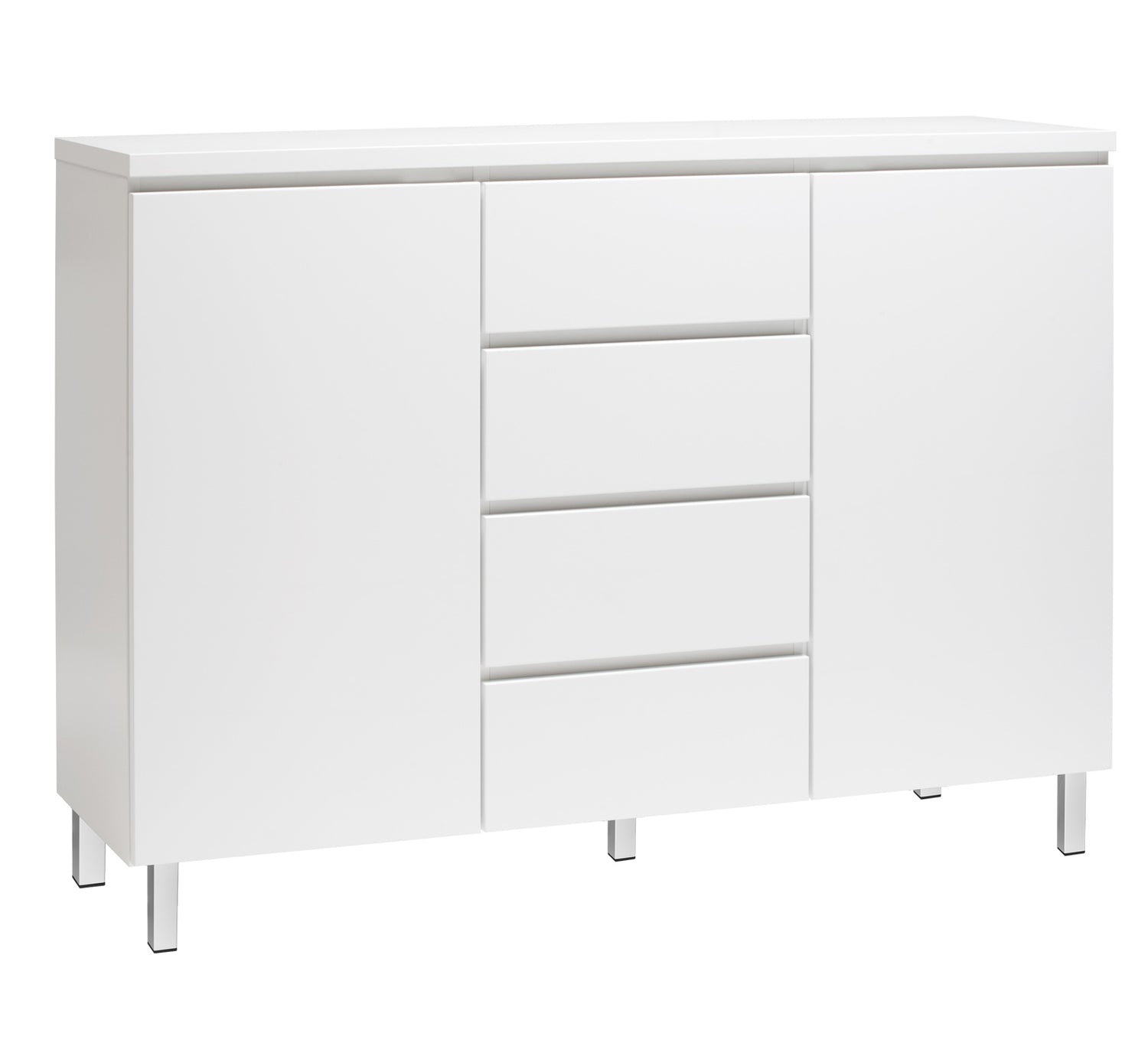 Kuvassa on 137 cm leveä kokovalkoinen Viiva-senkki valkoisilla metallijaloilla.