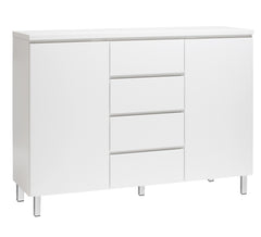 Kuvassa on 137 cm leveä kokovalkoinen Viiva-senkki valkoisilla metallijaloilla.