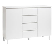 Kuvassa on 137 cm leveä kokovalkoinen Viiva-senkki valkoisilla metallijaloilla.