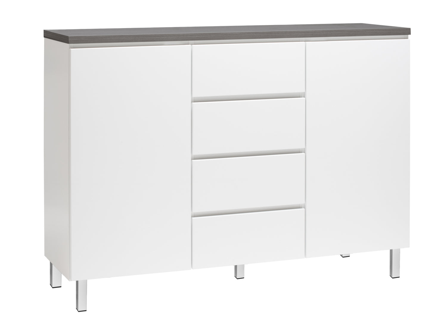 Kuvassa on 137 cm leveä valkoinen Viiva-senkki antrasiitinvärisellä kannella ja valkoisilla metallijaloilla.