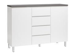 Kuvassa on 137 cm leveä valkoinen Viiva-senkki antrasiitinvärisellä kannella ja valkoisilla metallijaloilla.