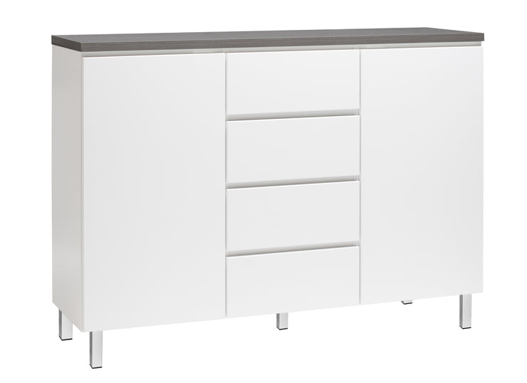 Kuvassa on 137 cm leveä valkoinen Viiva-senkki antrasiitinvärisellä kannella ja valkoisilla metallijaloilla.
