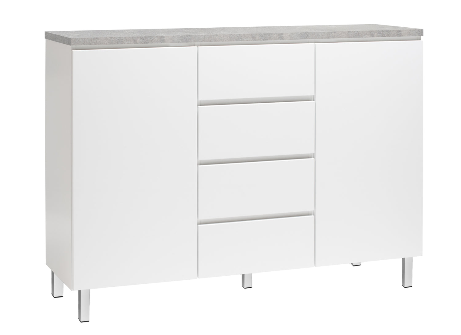 Kuvassa on 137 cm leveä valkoinen Viiva-senkki harmaalla betonijäljitelmän sävyisellä kannella ja valkoisilla metallijaloilla.