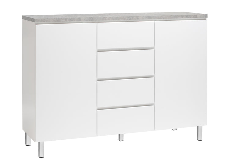 Kuvassa on 137 cm leveä valkoinen Viiva-senkki harmaalla betonijäljitelmän sävyisellä kannella ja valkoisilla metallijaloilla.