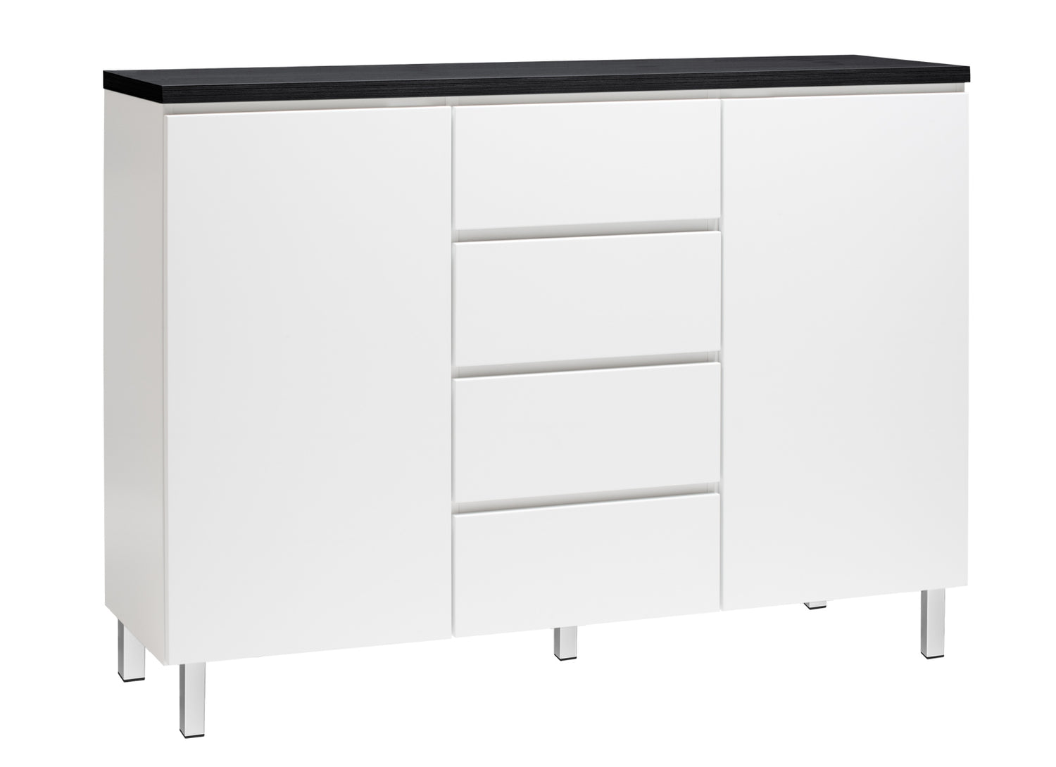 Kuvassa on 137 cm leveä valkoinen Viiva-senkki mustalla kansilevyllä ja valkoisilla metallijaloilla.