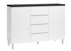 Kuvassa on 137 cm leveä valkoinen Viiva-senkki mustalla kansilevyllä ja valkoisilla metallijaloilla.