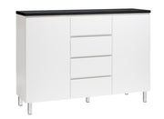 Kuvassa on 137 cm leveä valkoinen Viiva-senkki mustalla kansilevyllä ja valkoisilla metallijaloilla.