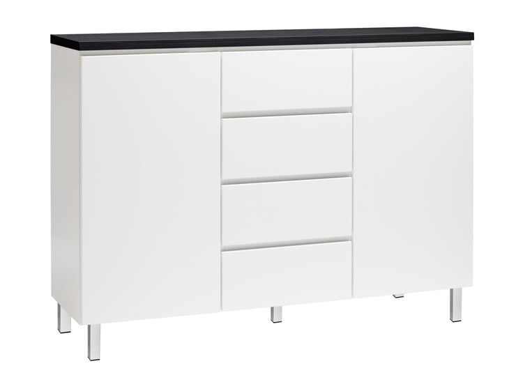 Kuvassa on 137 cm leveä valkoinen Viiva-senkki mustalla kansilevyllä ja valkoisilla metallijaloilla.