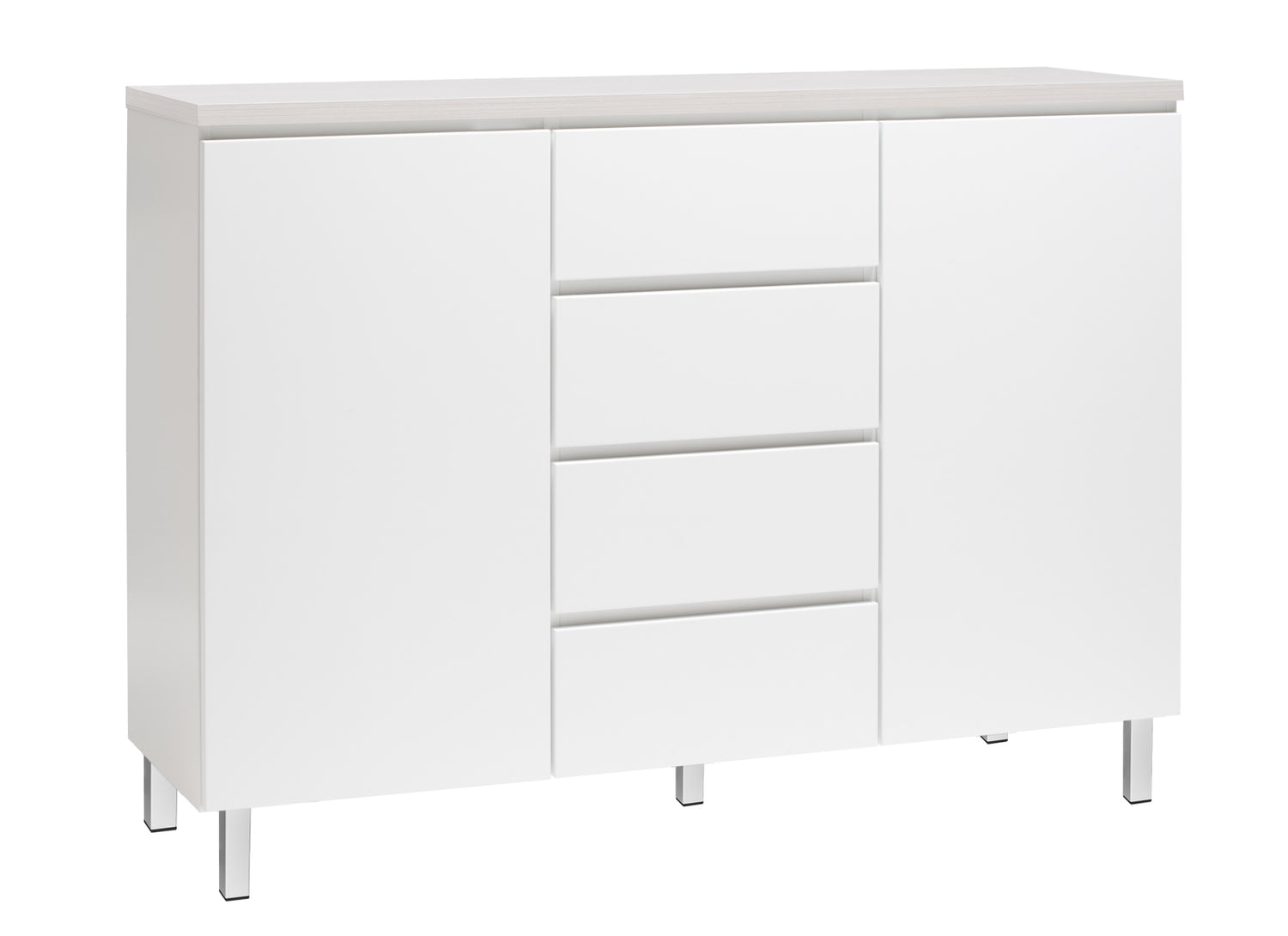 Kuvassa on 137 cm leveä valkoinen Viiva-senkki valkosaarninvärisellä kannella ja valkoisilla metallijaloilla.