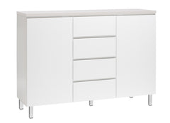 Kuvassa on 137 cm leveä valkoinen Viiva-senkki valkosaarninvärisellä kannella ja valkoisilla metallijaloilla.
