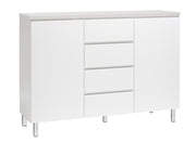 Kuvassa on 137 cm leveä valkoinen Viiva-senkki valkosaarninvärisellä kannella ja valkoisilla metallijaloilla.