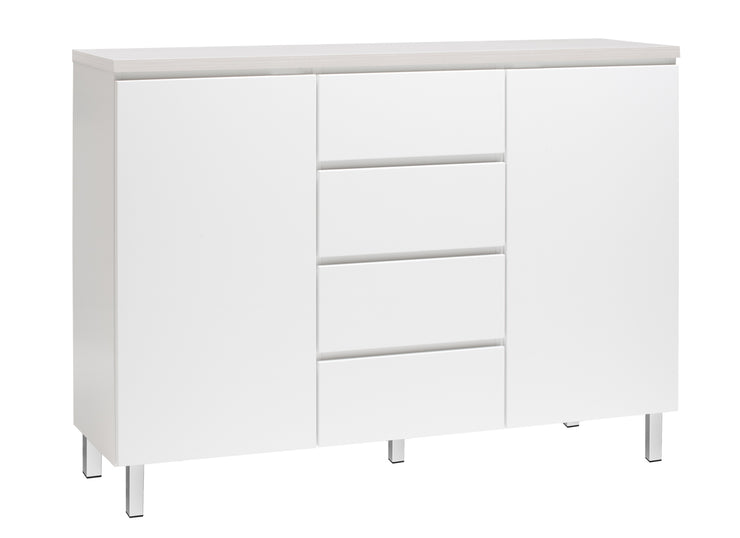 Kuvassa on 137 cm leveä valkoinen Viiva-senkki valkosaarninvärisellä kannella ja valkoisilla metallijaloilla.