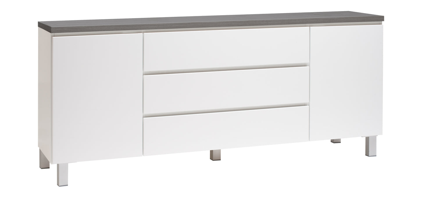 Kuvassa on 184 cm leveä valkoinen Viiva-senkki antrasiitinvärisellä kansilevyllä ja hopeanvärisillä alumiinijaloilla.