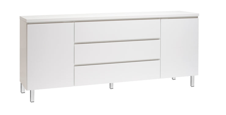Kuvassa on 184 cm leveä kokovalkoinen Viiva-senkki valkoisilla metallijaloilla.