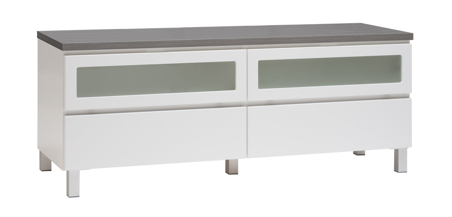 Kuvassa on 137 cm leveä valkoinen Viiva-sarjan tv-taso antrasiitinvärisellä kannella ja hopeanvärisillä alumiinijaloilla.