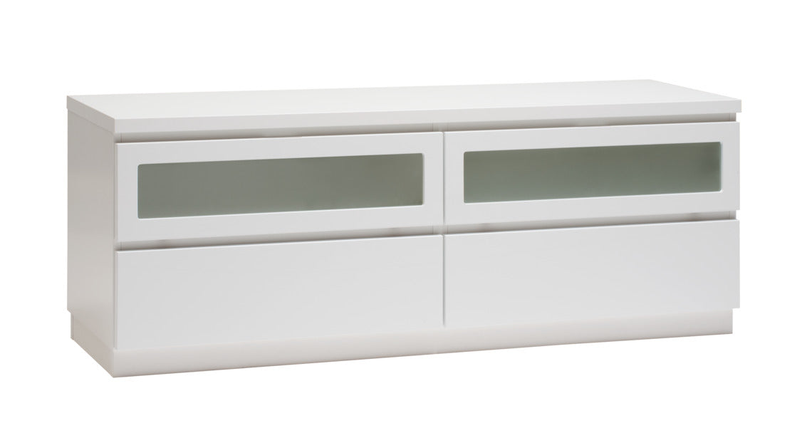 Kuvassa on 137 cm leveä kokovalkoinen Viiva-sarjan tv-taso valkoisella sokkelijalalla.