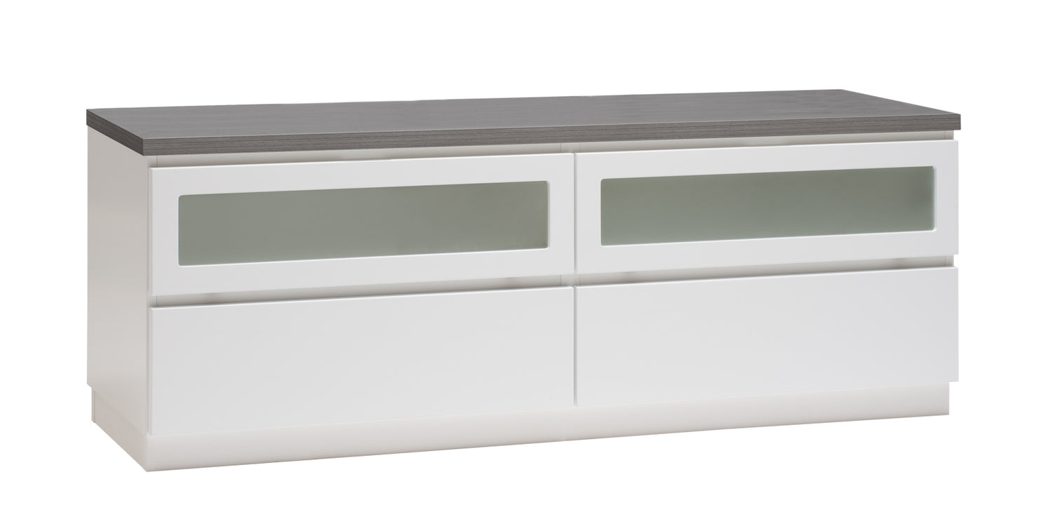 Kuvassa on 137 cm leveä valkoinen Viiva-sarjan tv-taso antrasiitinvärisellä kansilevyllä ja valkoisella jalkasokkelilla.