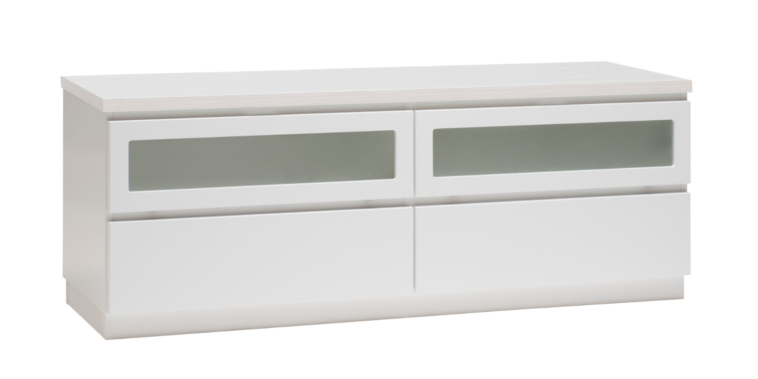 Kuvassa on 137 cm leveä valkoinen Viiva-sarjan tv-taso valkosaarninvärisellä kansilevyllä ja valkoisella jalkasokkelilla.