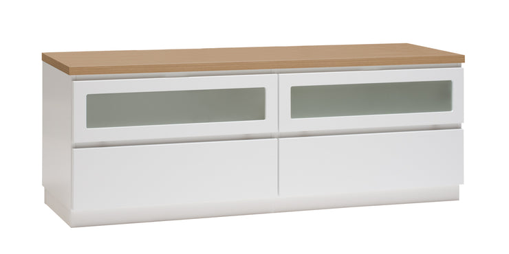Kuvassa on 137 cm leveä valkoinen Viiva-sarjan tv-taso tammenvärisellä kansilevyllä ja valkoisella jalkasokkelilla.