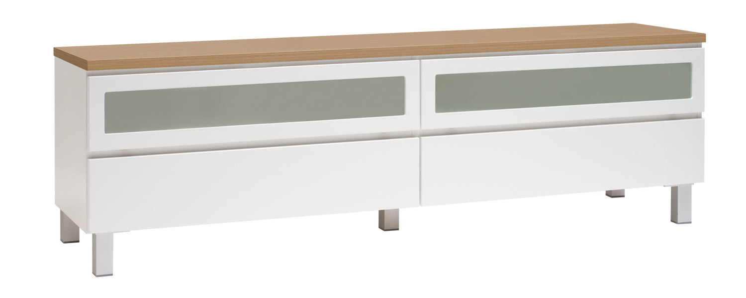 Kuvassa on 184 cm leveä valkoinen Viiva-sarjan tv-taso tammenvärisellä kannella ja hopeanvärisillä alumiinijaloilla.