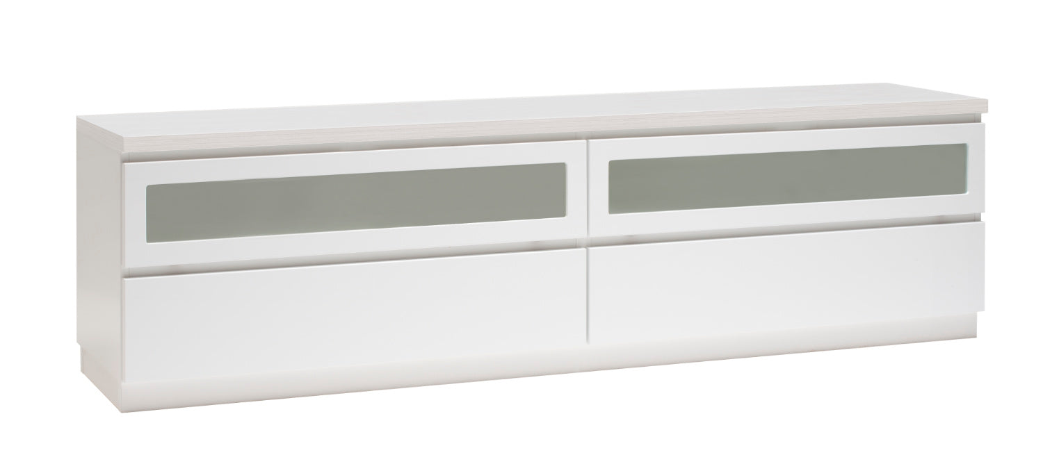 Kuvassa on 184 cm leveä valkoinen Viiva-sarjan tv-taso valkosaarninvärisellä kannella ja valkoisella sokkelijalalla.