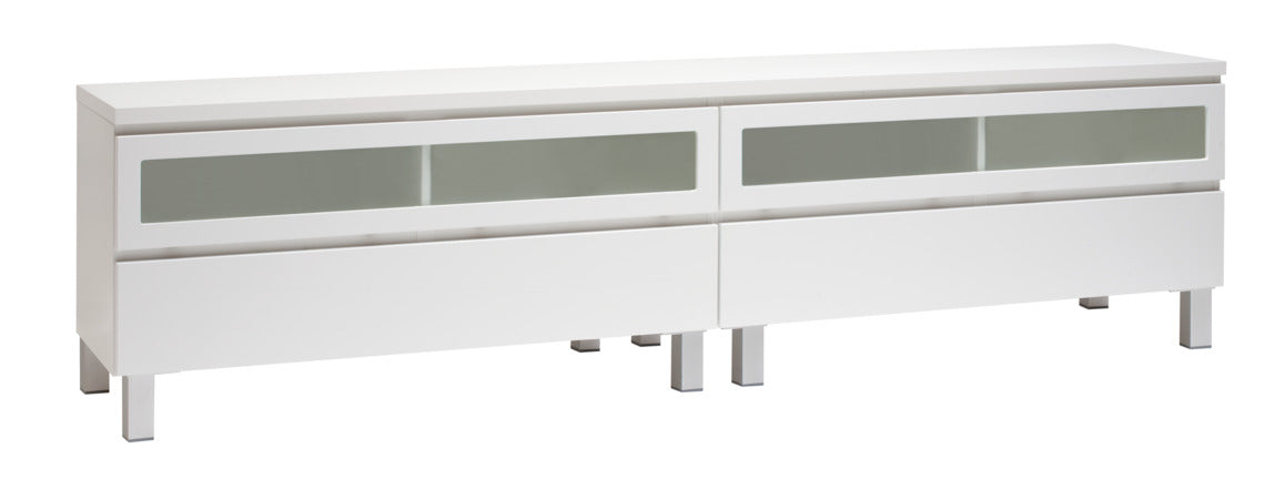 Kuvassa on 220 cm leveä kokovalkoinen Viiva-sarjan tv-taso hopeanvärisillä alumiinijaloilla.