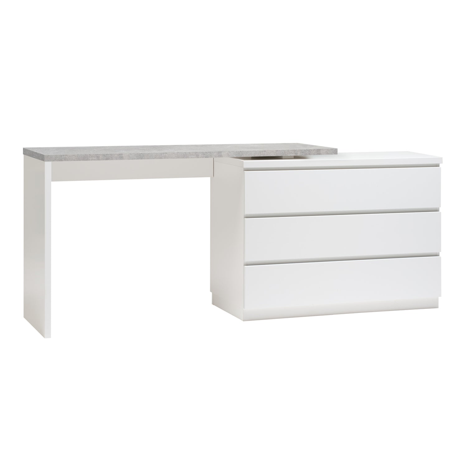 Kuvassa on valkoinen 183 cm leveä Viiva-kirjoituspöytä harmaalla betonijäljitelmän sävyisellä kansilevyllä.