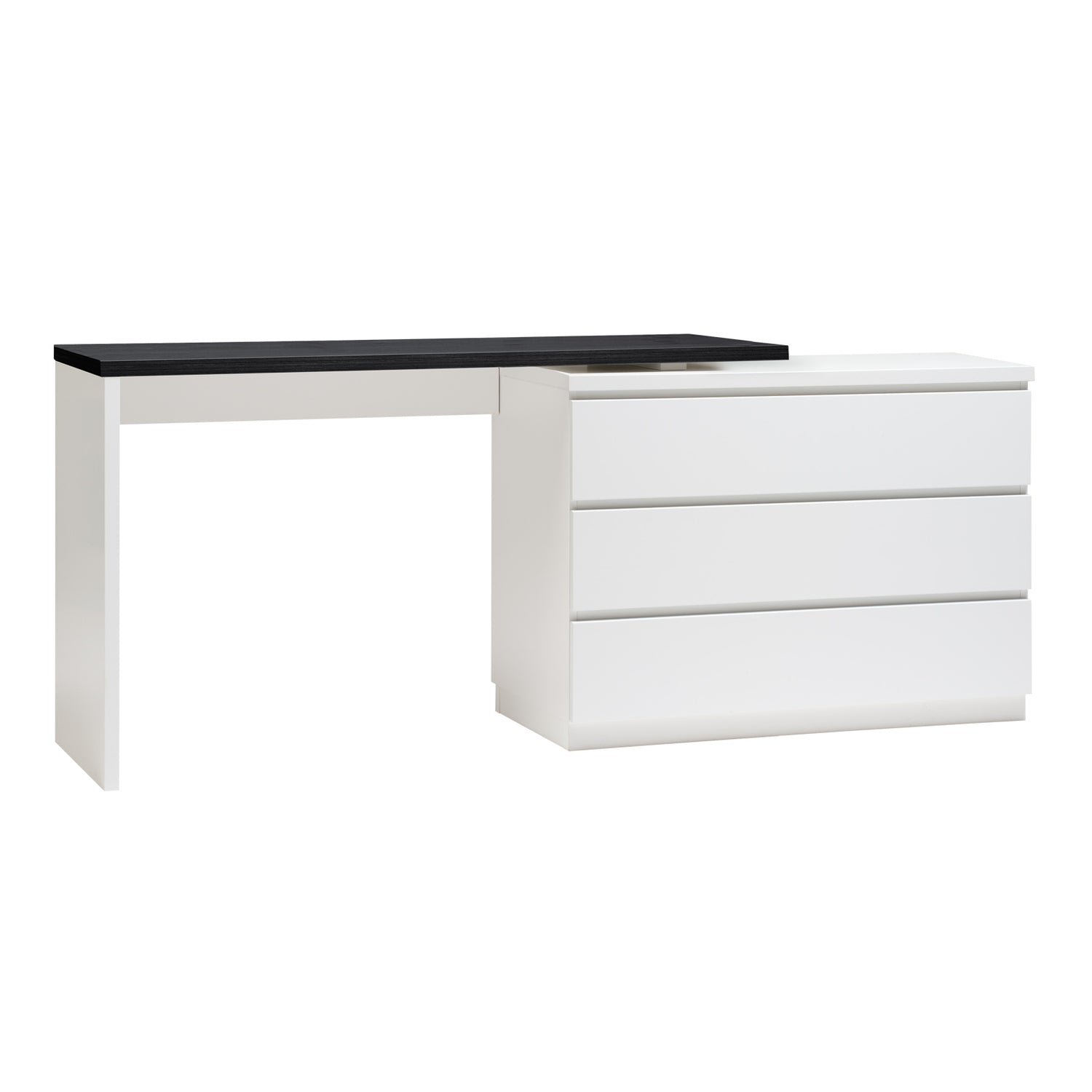 Kuvassa on valkoinen 183 cm leveä Viiva-kirjoituspöytä mustalla kansilevyllä.