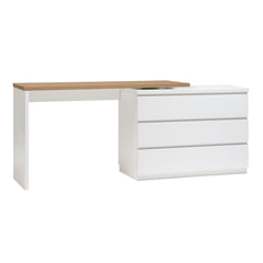 Kuvassa on valkoinen 183 cm leveä Viiva-työpöytä tammenvärisellä kansilevyllä.