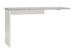 Kuvassa on Viiva-kirjoitustaso harmaalla betonijäljitelmän sävyisellä kannella. Tasosta saadaan työpöytä yhdessä saman malliston 3-laatikkoisen lipaston kanssa.