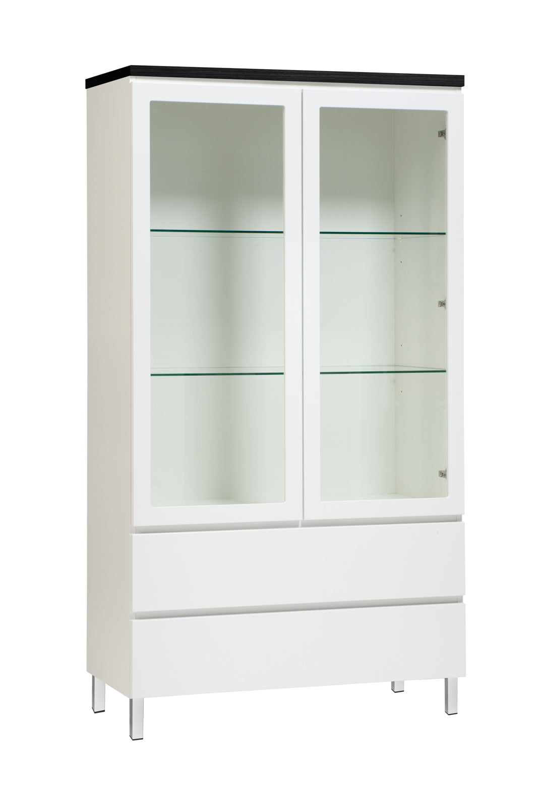 Kuvassa on 92 cm leveä valkoinen Viiva-vitriini mustalla kannella ja valkoisilla metallijaloilla.
