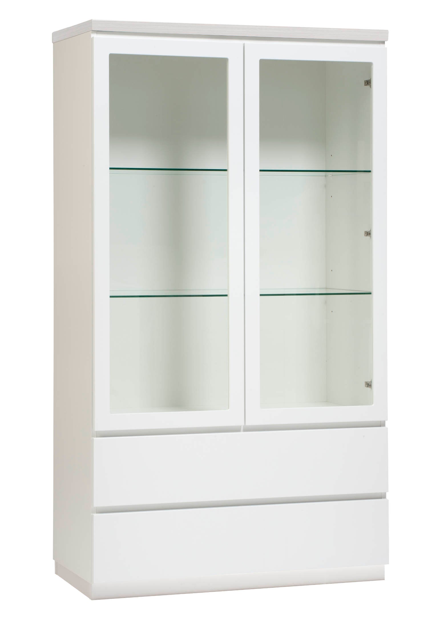 Kuvassa on 92 cm leveä valkoinen Viiva-vitriini valkosaarninvärisellä kannella ja valkoisella jalkasokkelilla.