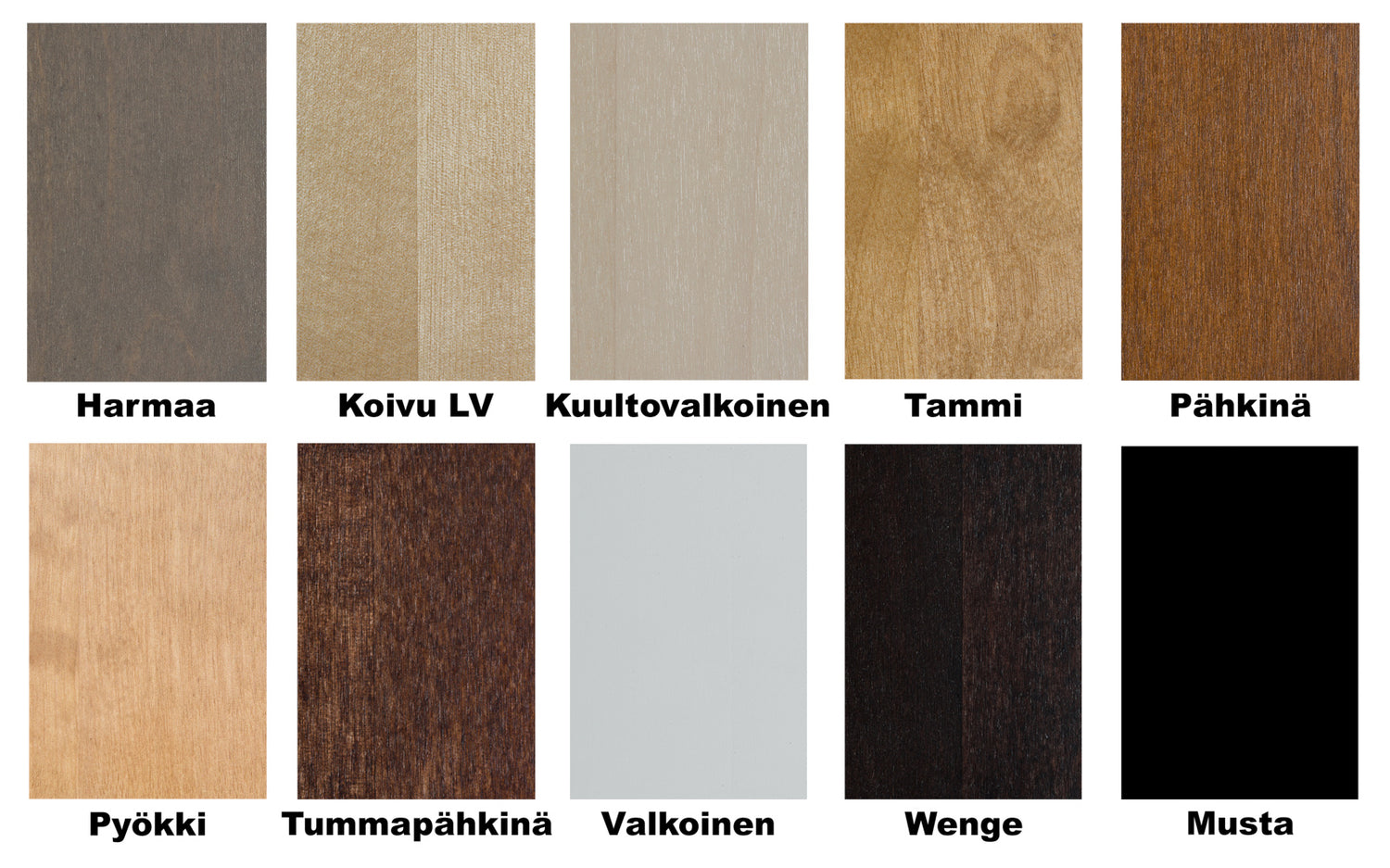 Kuvassa on 10 Helsinki-sarjan vakioväriä, joita voit yhdistellä vapaasti sarjan kalusteiden eri osiin Stemma-myymälöissä. Näiden lisäksi valittavissa on useita eri tilausvärejä.